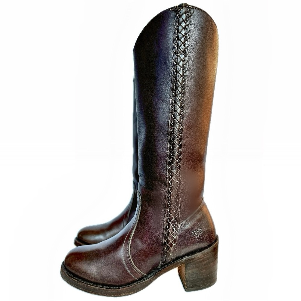 SOLD FRYE Vintage Braided Sabrina Campus Tall Knee High Brown Leather Boots 7.5 - Picture 6 of 7